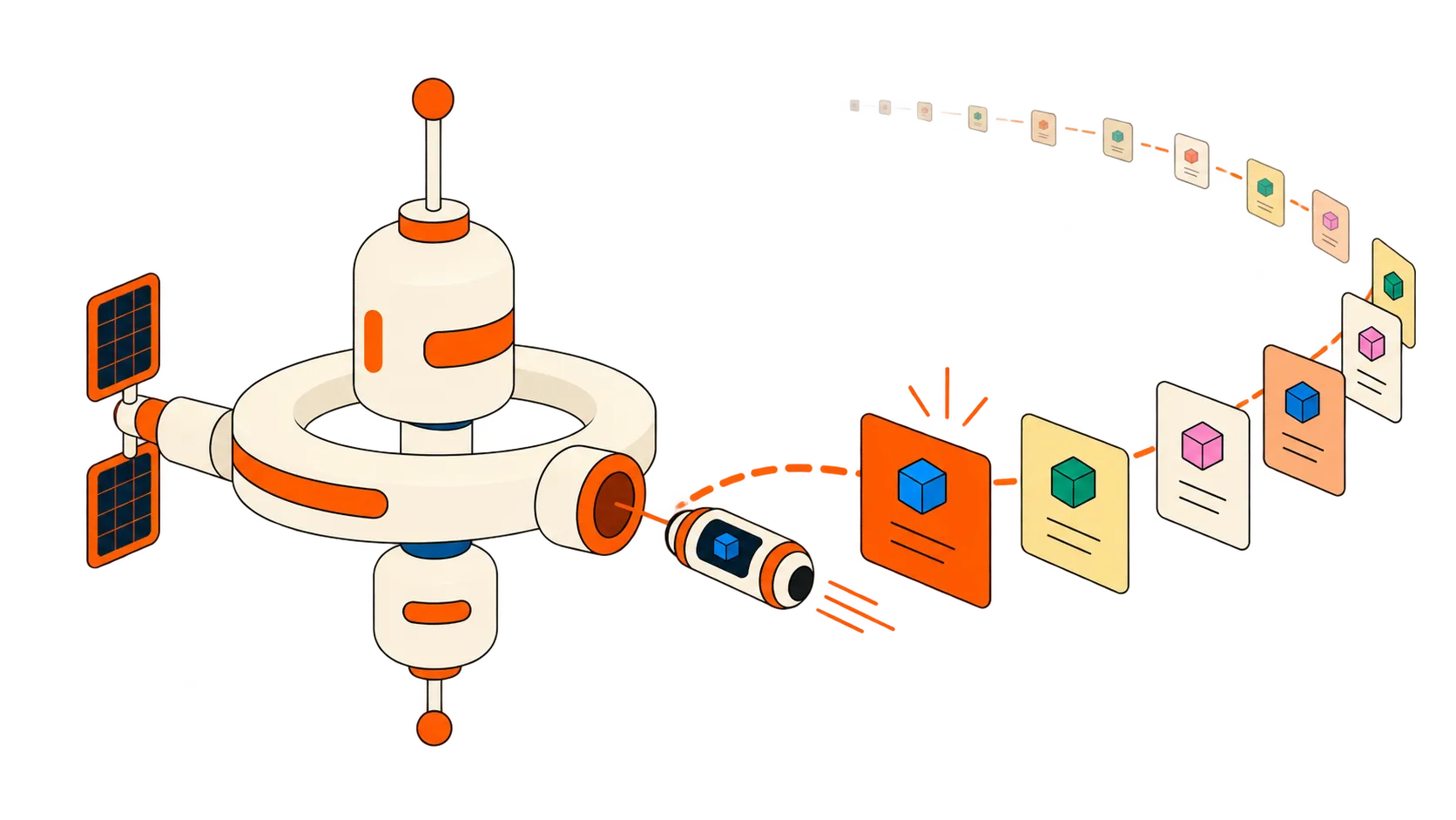 Illustration of a space station surrounded by floating table records