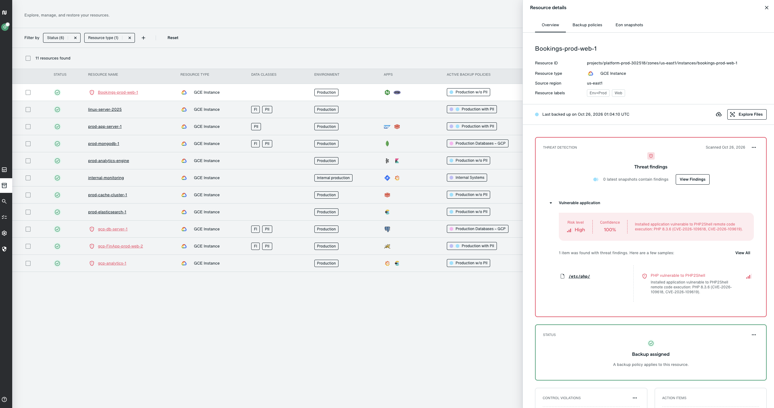 The Eon console's resource inventory with GCE instances marked by a red shield. Bookings-prod-web-1 is open, and its threat detection panel shows a high-risk vulnerable application finding: PHP 8.3.6 in /etc/php/ is vulnerable to PHP2Shell (CVE-2026-109618, CVE-2026-109619).