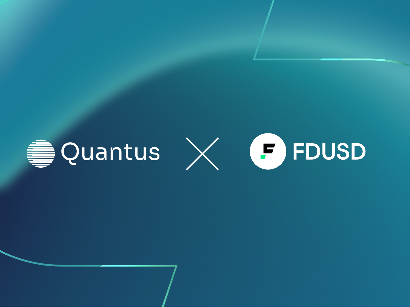 Quantus and FDUSD partnership graphic featuring both company logos on a teal gradient background.