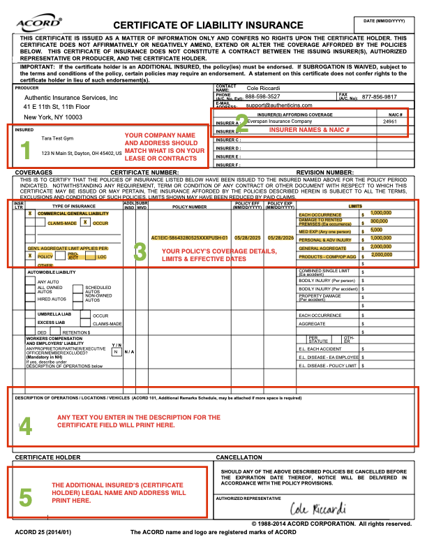 Sample ACORD 25 Certificate of Insurance for Gyms