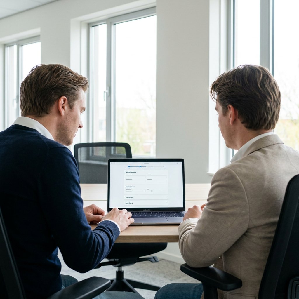 UX-designer en procesmanager bekijken samen een gelaagd digitaal formulier op een laptop in een helder modern Nederlands kantoor.