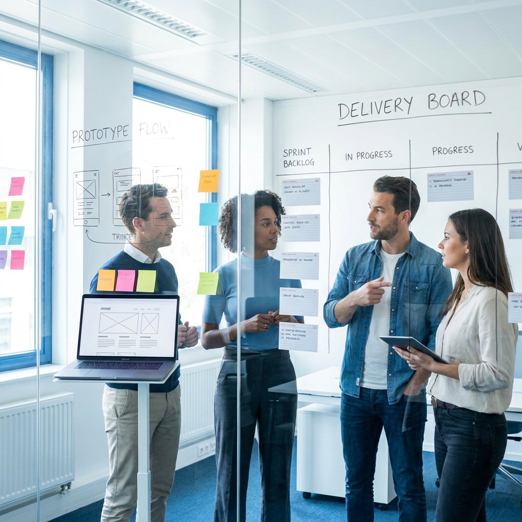 Product team in a bright Dutch office comparing sprint plans on a glass wall, with sticky notes, laptop screens, and a prototype session in progress.