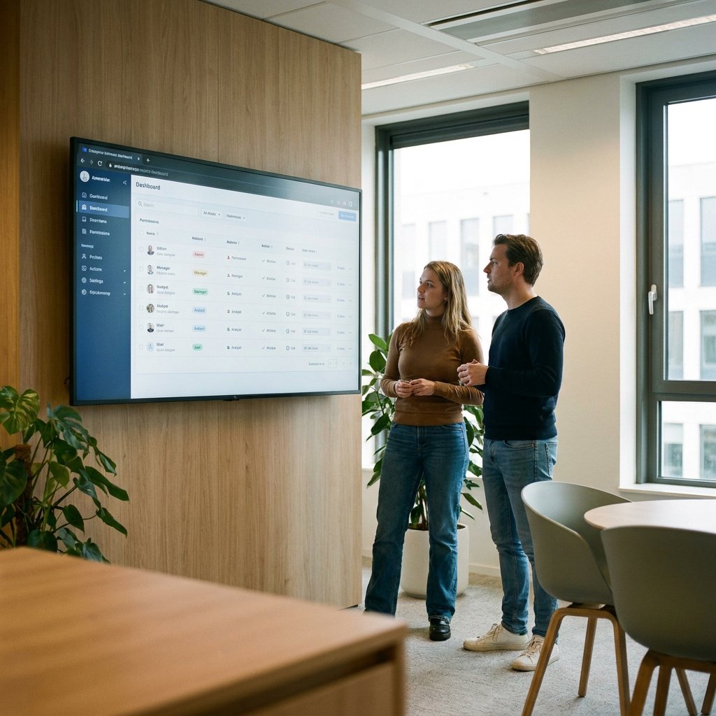 UX-designer en productmanager bekijken een enterprise dashboard met verschillende gebruikersrollen in een lichte, moderne kantoorruimte.