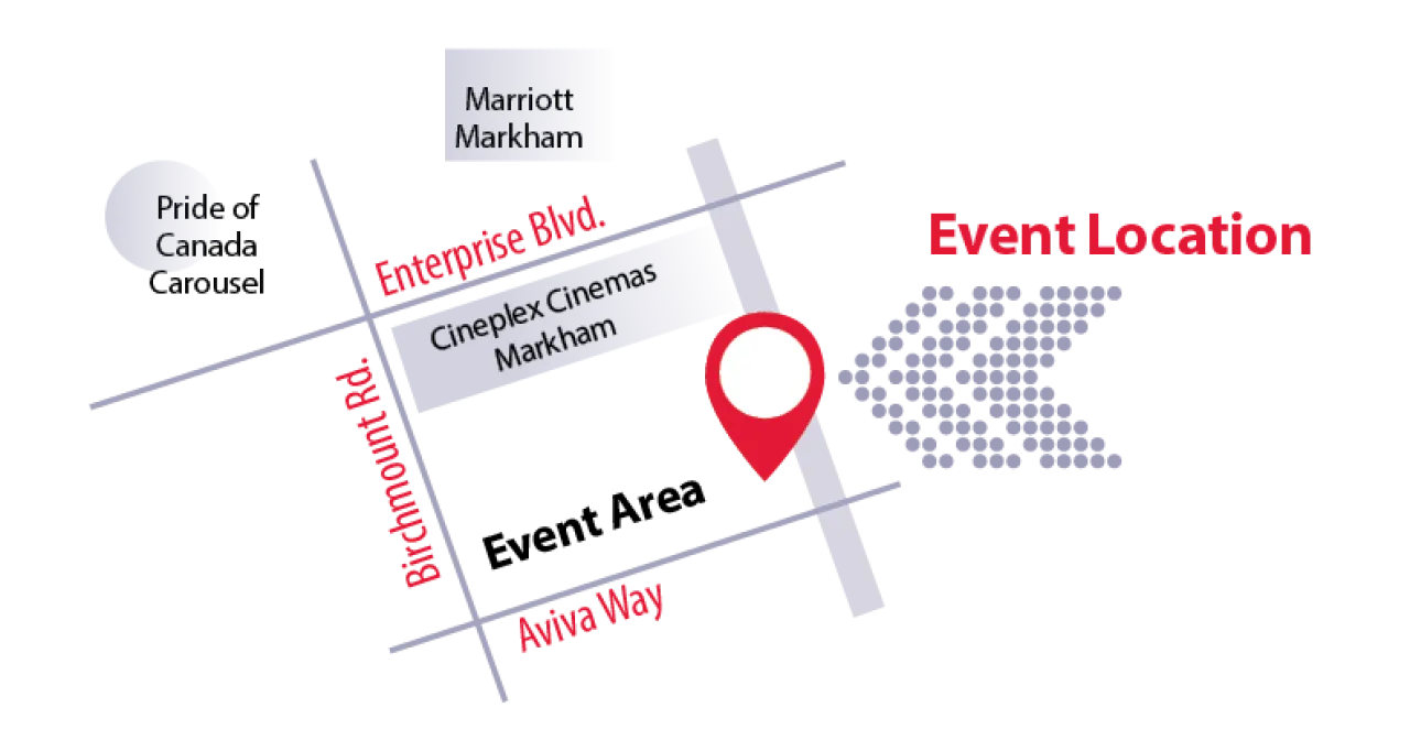 Map of the Indy Launch Party event location on Birchmount Rd and Aviva Way