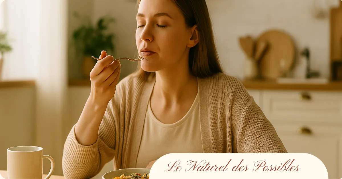 Femme assise dans une cuisine, savourant un repas les yeux fermés dans une ambiance douce et naturelle.