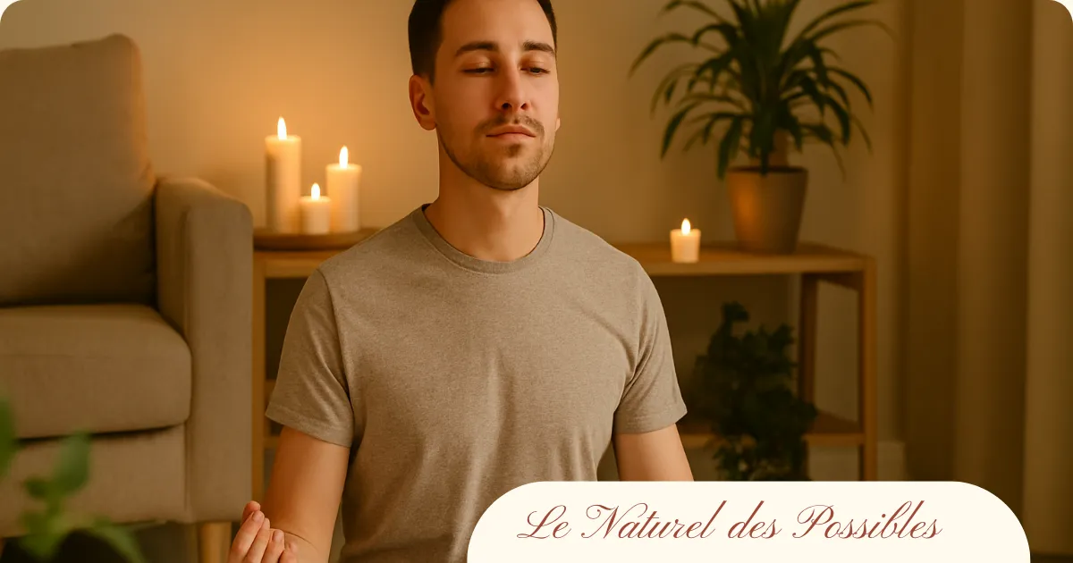 Jeune homme en méditation dans un salon, entouré de bougies et de plantes, dans une ambiance zen et tamisée.