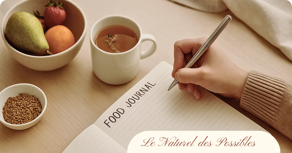 Main écrivant dans un journal alimentaire sur une table en bois, à côté d’une tisane, de fruits frais et d’un bol de graines.
