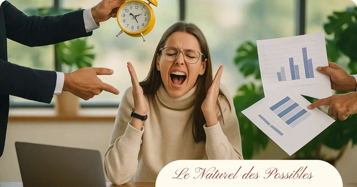 Femme submergée par les tâches, entourée de personnes lui montrant des graphiques et une horloge, symbolisant la pression