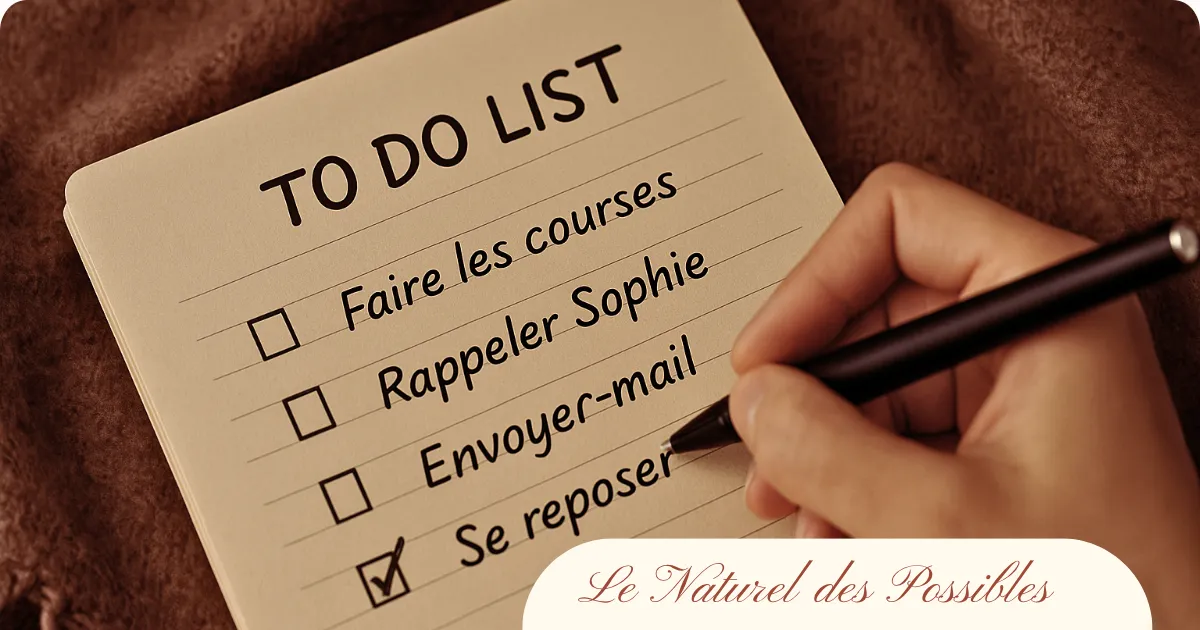 Liste de tâches manuscrite avec des cases à cocher, illustrant la surcharge mentale du quotidien