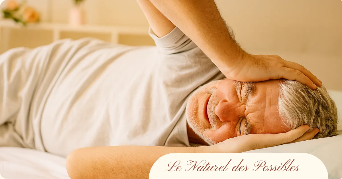 Homme âgé allongé en douleur avec les mains sur les tempes, souffrant de migraine dans une chambre lumineuse