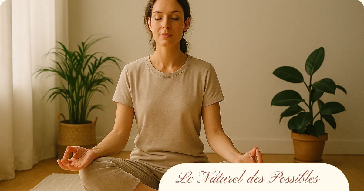 Femme assise en tailleur en pleine méditation, dans un intérieur naturel et apaisant avec plantes et bougies