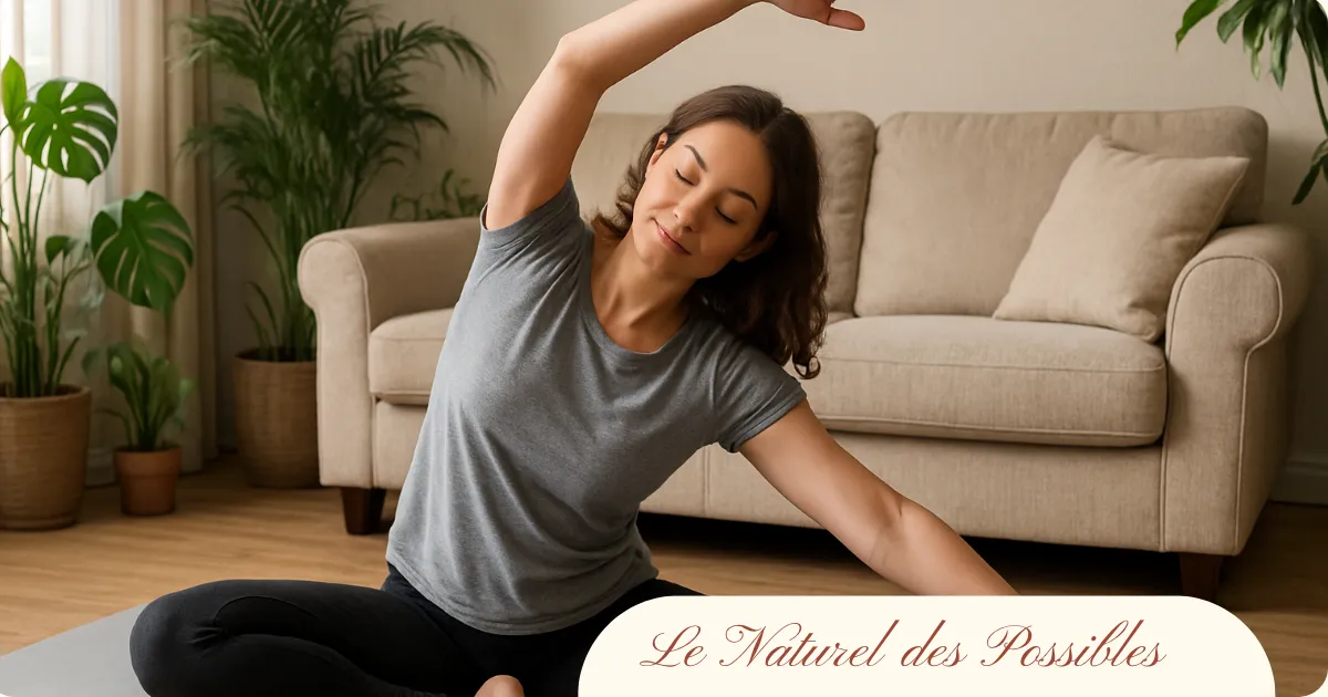 Femme réalisant un étirement latéral assise sur un tapis de Pilates, plantes vertes en arrière-plan