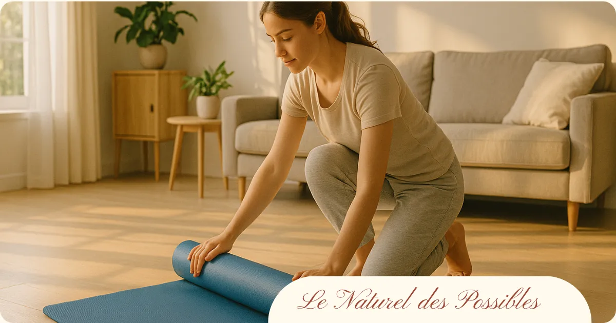 Femme déroulant un tapis de Pilates dans un salon lumineux et cosy