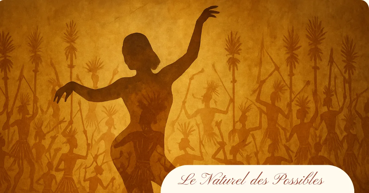 Silhouette féminine dansante superposée à une fresque tribale ancienne aux tons ocres