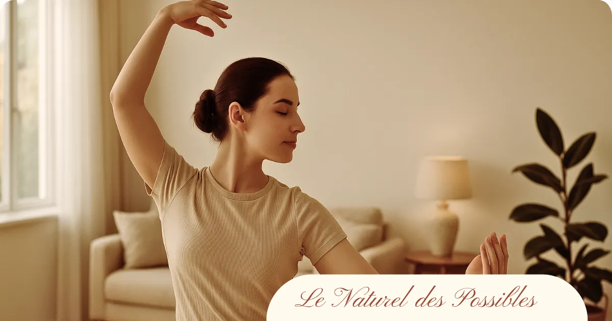 Femme concentrée dans un mouvement de danse douce, bras levés, ambiance minimaliste et paisible