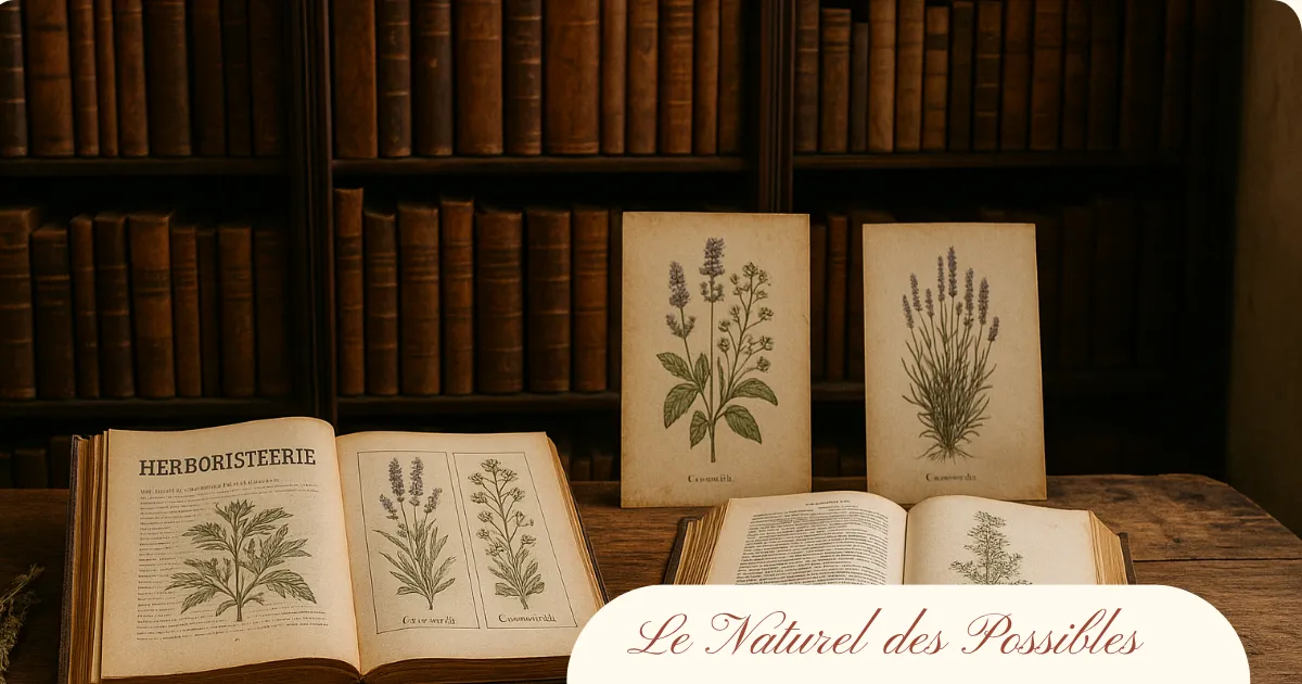 Bibliothèque ancienne avec livres d’herboristerie ouverts et planches botaniques illustrées de plantes médicinales