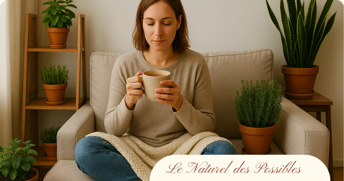 Femme assise dans son salon, en tailleur avec une tasse de tisane chaude, entourée de plantes médicinales en pot