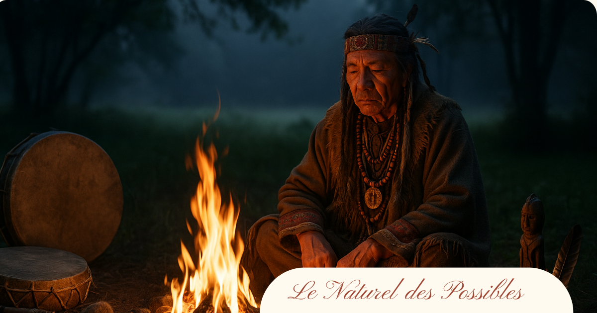 Chaman assis en méditation devant un feu sacré, entouré de tambours, dans une clairière au crépuscule.