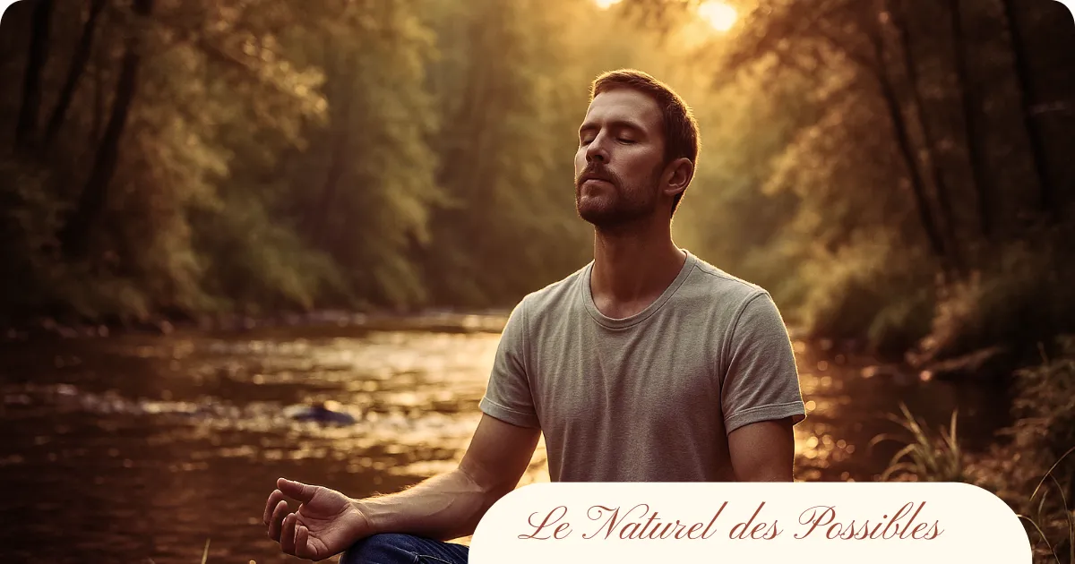 Homme méditant assis en tailleur au bord d’une rivière, baigné par la lumière dorée du coucher du soleil.