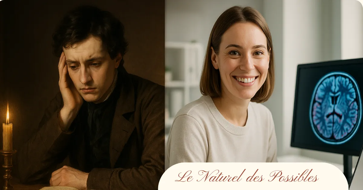 Comparaison entre un homme mélancolique du passé et une femme moderne souriante avec une IRM