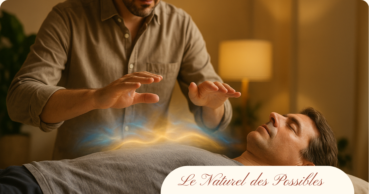 Un praticien pose ses mains au-dessus du corps d’un homme allongé, une lumière énergétique émane de la séance.