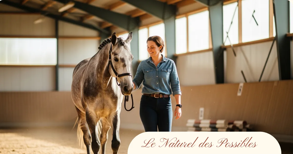 Femme marchant aux côtés d’un cheval gris dans un manège lumineux, ambiance calme et rassurante