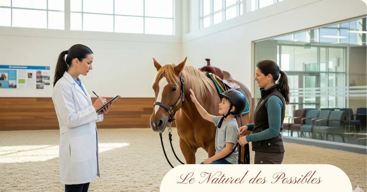 Chercheuse en blouse blanche prenant des notes pendant qu’un enfant caresse un cheval accompagné de sa mère
