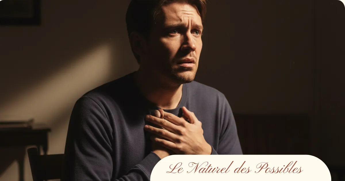 Homme inquiet tenant sa poitrine, illustrant les symptômes physiques d’une crise d’angoisse comme les palpitations et l’oppression thoracique