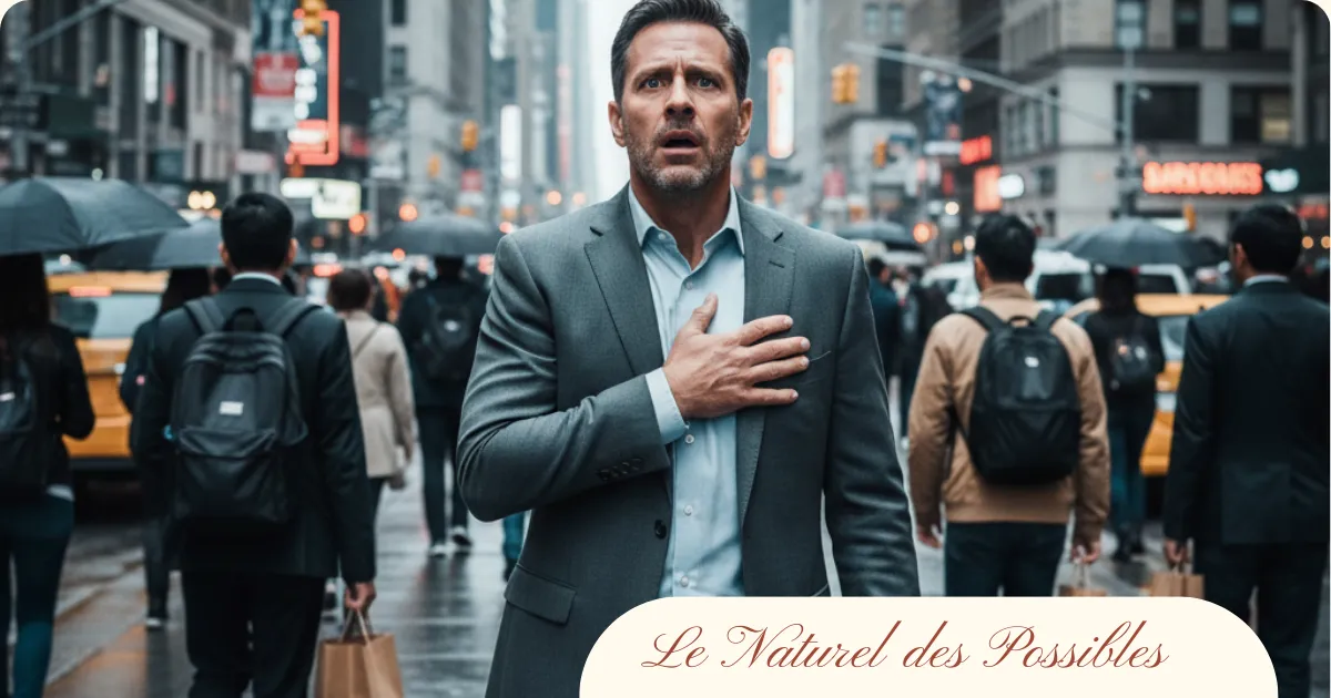 Homme en costume au milieu d’une foule urbaine, la main sur la poitrine, illustrant une crise d’angoisse soudaine dans un contexte stressant