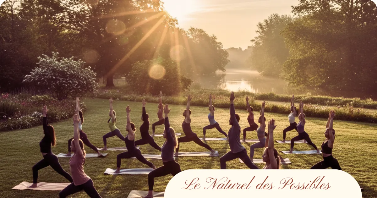 Groupe de personnes pratiquant le yoga au lever du soleil dans un parc, représentant une méthode naturelle pour prévenir les crises d’angoisse