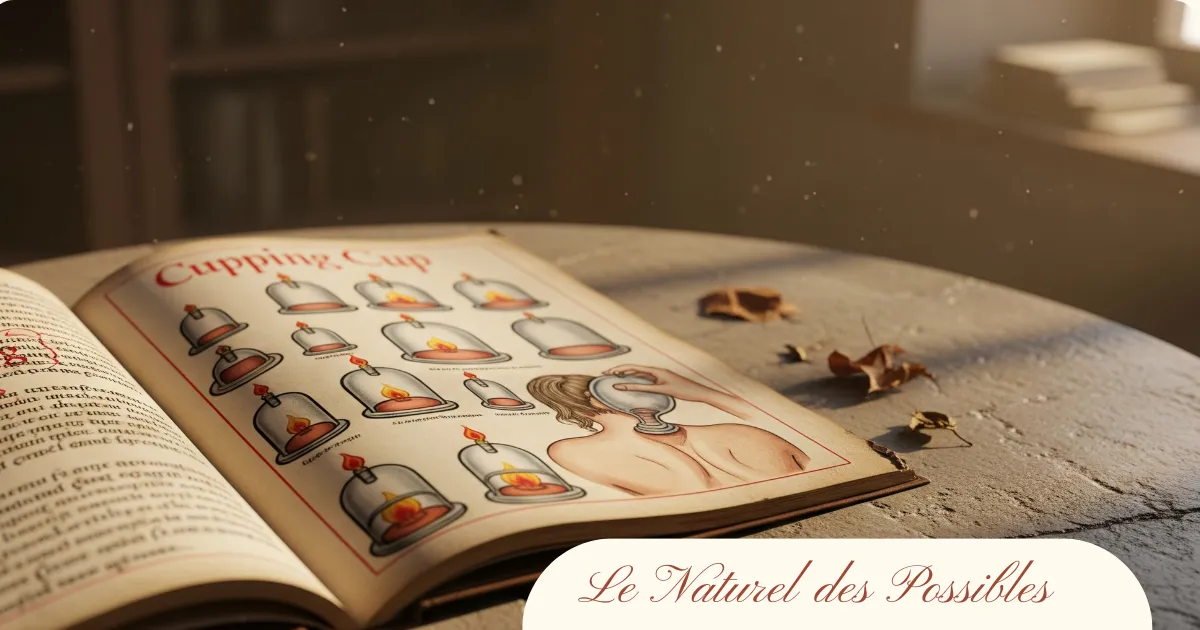 Ancien manuscrit illustrant la pratique de la cupping thérapie avec des ventouses et des explications traditionnelles.