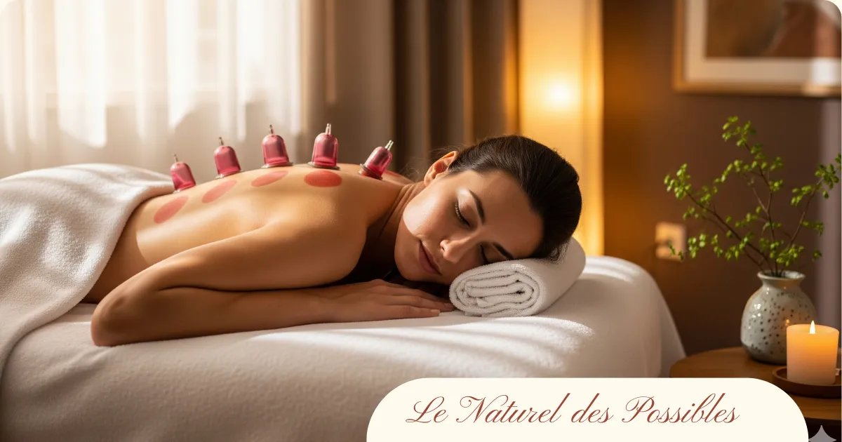 Femme détendue allongée sur une table de massage avec des ventouses posées sur le dos pendant une séance de cupping moderne.