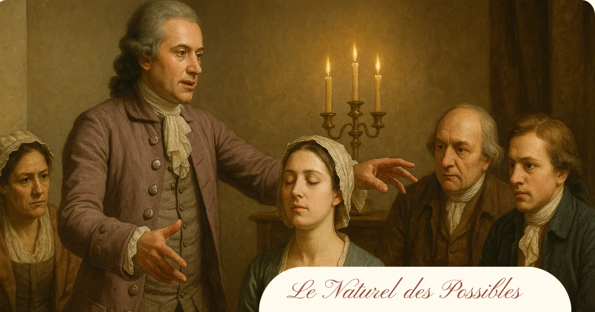 Reconstitution historique montrant Franz Mesmer pratiquant une séance d’hypnose devant un petit groupe, décor ancien avec chandeliers.