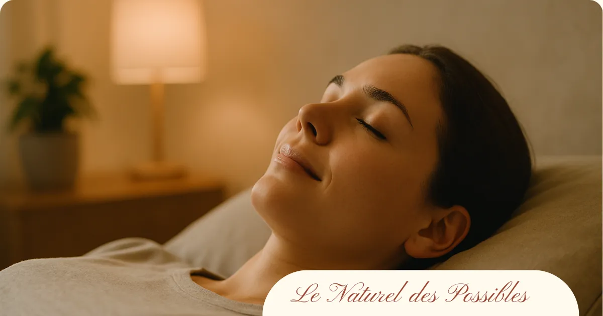 Femme allongée, visage détendu et souriant, lumière douce évoquant une séance d’hypnose apaisante.