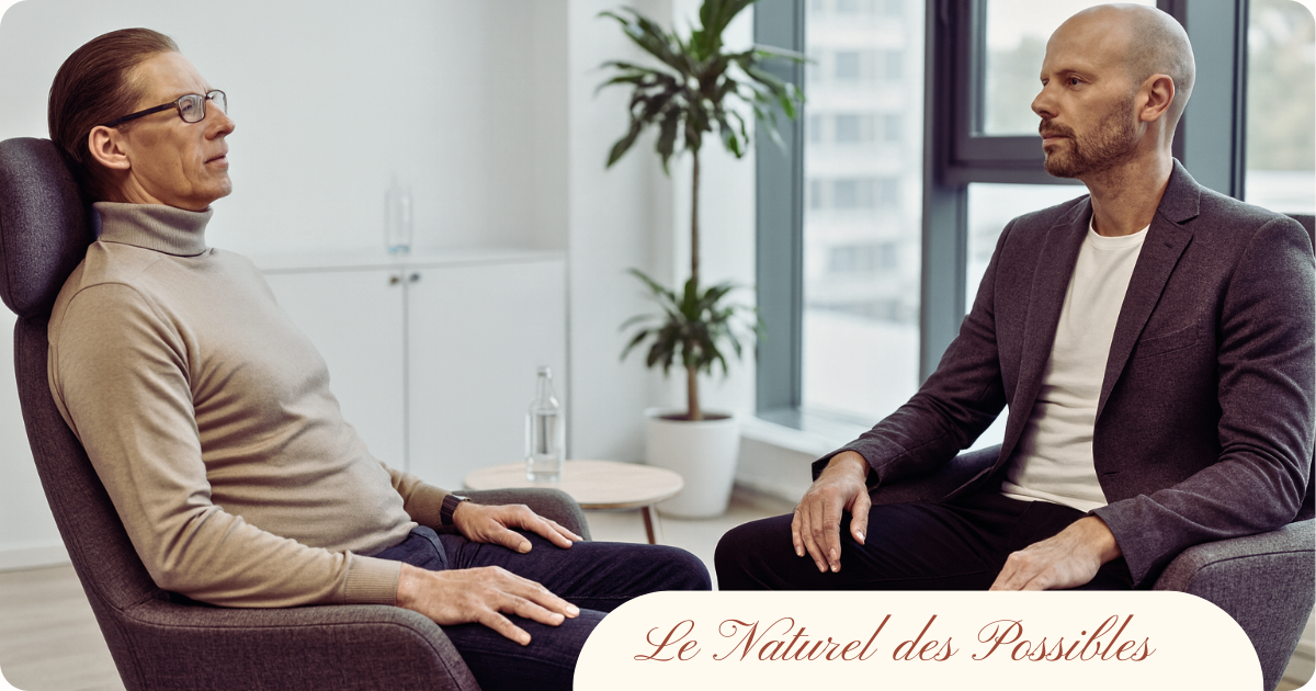 Deux hommes assis face à face dans un bureau lumineux et moderne, illustrant une séance d’hypnose thérapeutique.