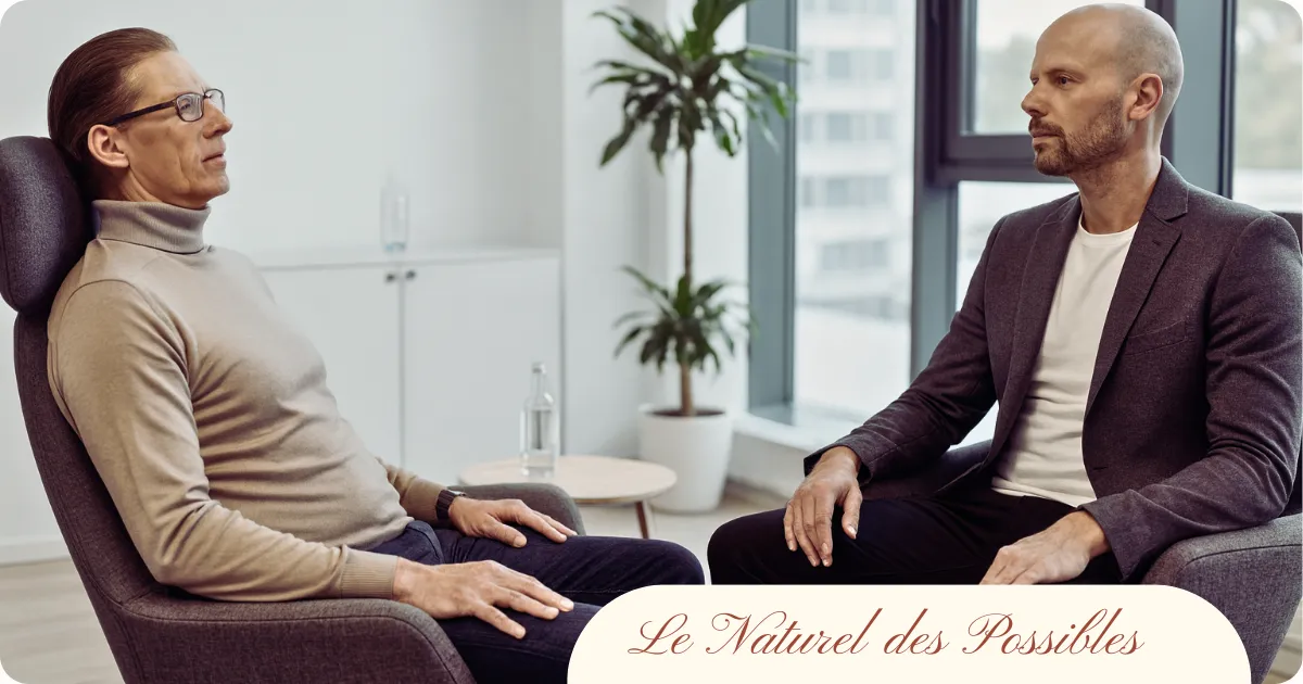 Deux hommes assis face à face dans un bureau lumineux et moderne, illustrant une séance d’hypnose thérapeutique.