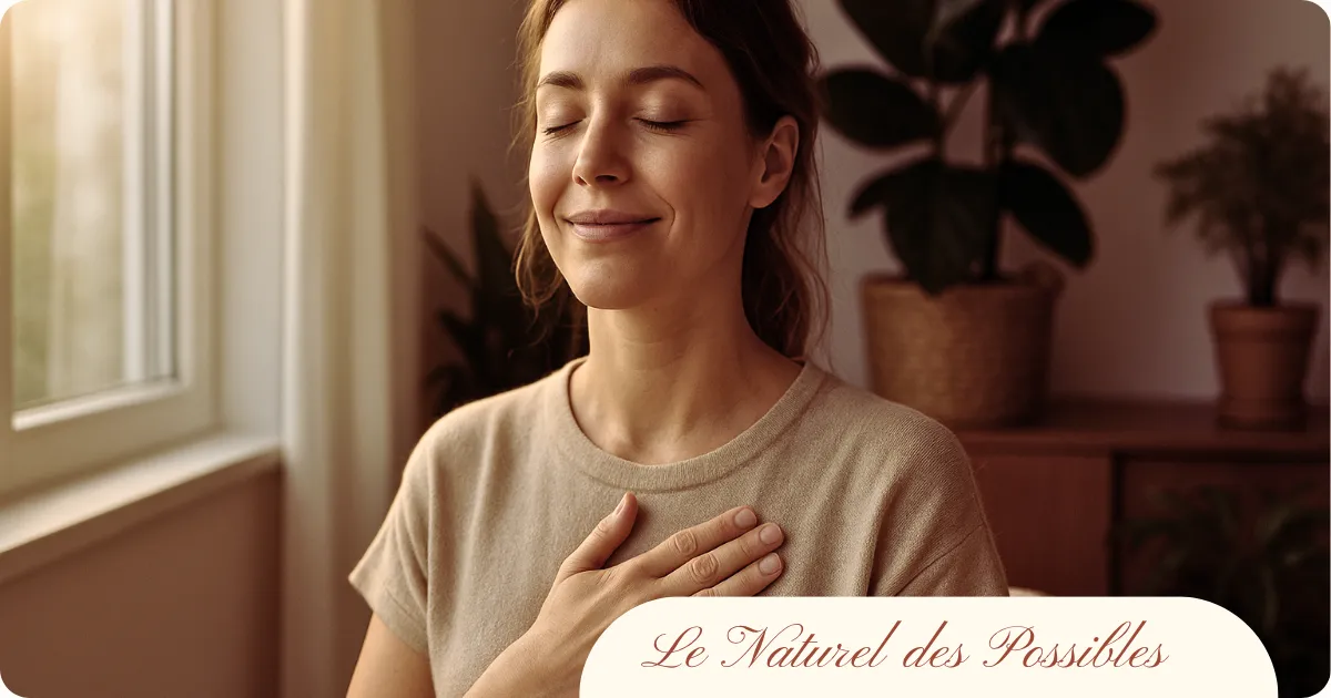  Femme apaisée après une séance d’EMDR, main sur le cœur, lumière douce symbolisant la paix intérieure et la libération émotionnelle.