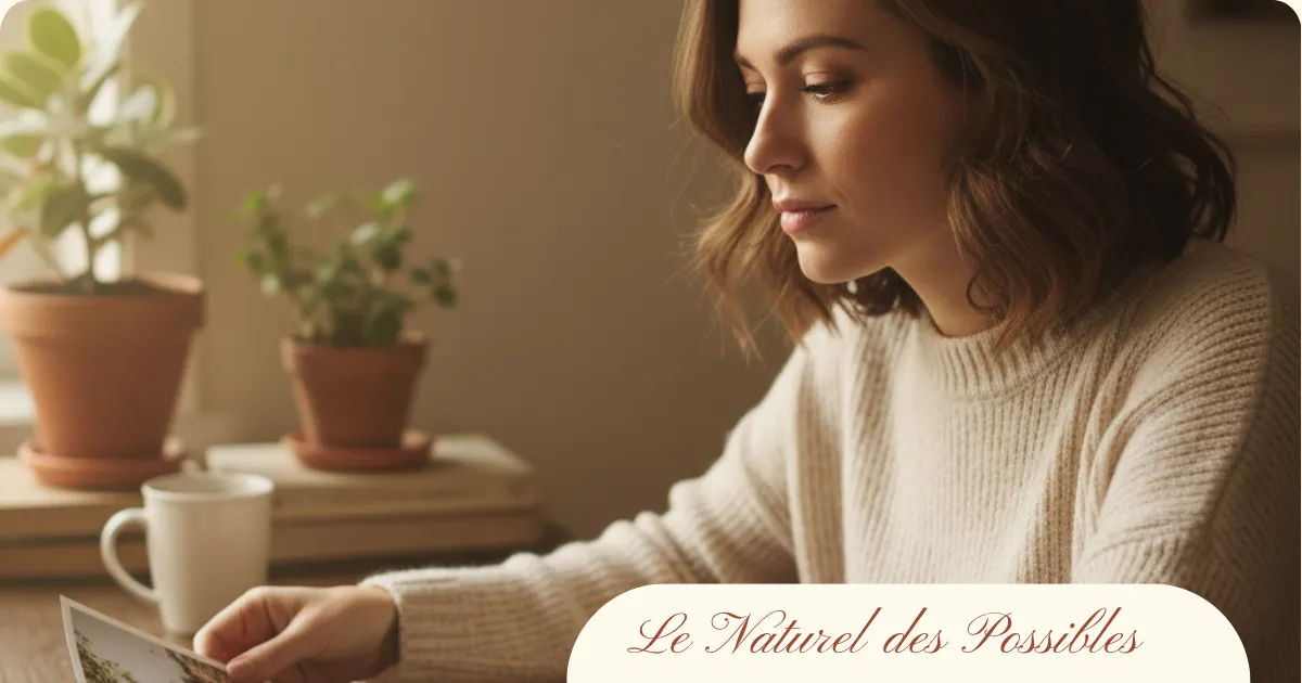 Femme observant une photo dans un intérieur lumineux et calme, représentant la contemplation, la douceur et la libération émotionnelle par la photographie.