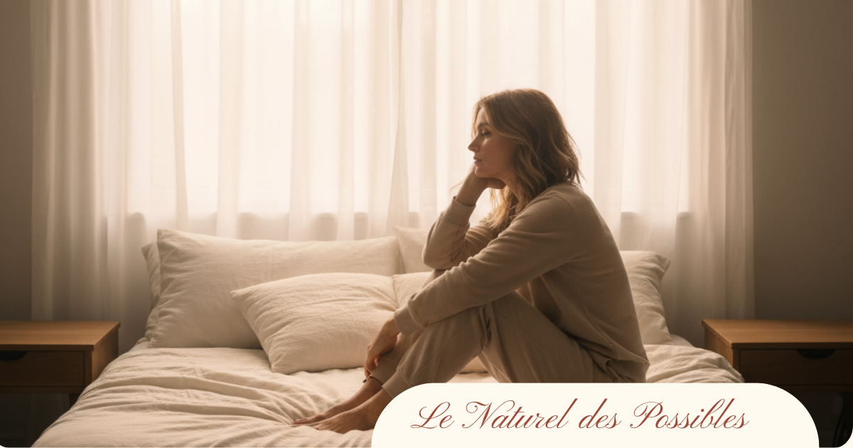 Femme assise sur son lit le matin, regard pensif, illustrant la fatigue chronique et la recherche de vitalité