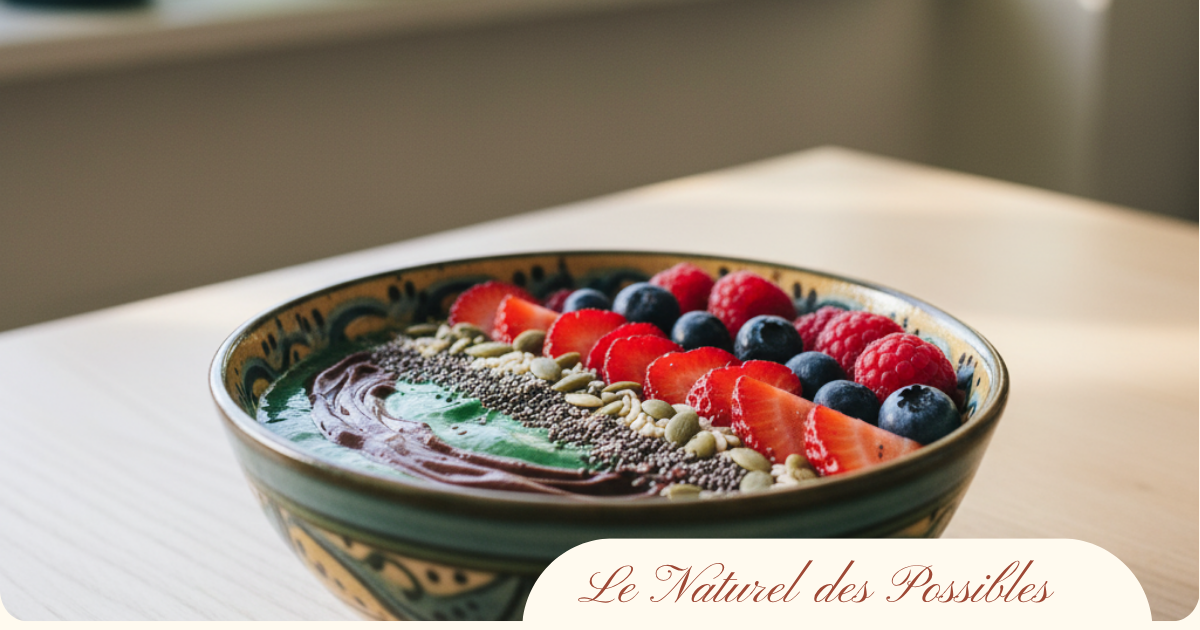 Bol coloré avec spiruline, fruits rouges et graines, représentant une alimentation naturelle contre la fatigue