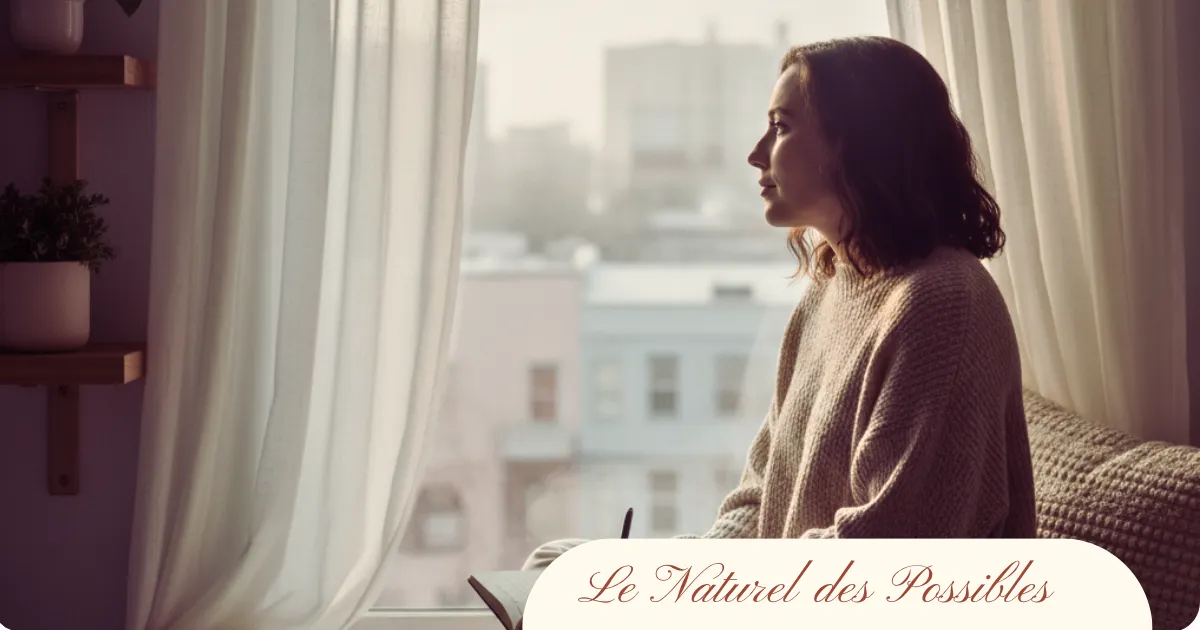 Femme méditant près d’une fenêtre au lever du jour, illustrant la reconnexion à soi pour apaiser la fatigue émotionnelle