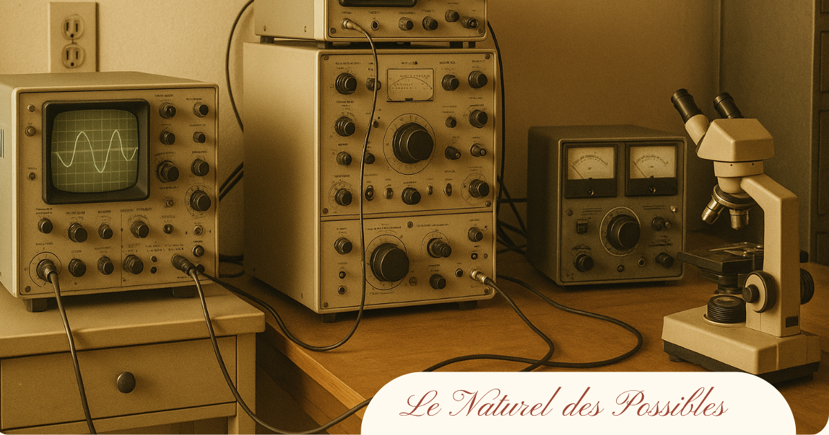 Instruments de laboratoire anciens avec oscilloscope et microscope illustrant les débuts scientifiques de la bio-résonance et de l’étude des champs électromagnétiques.