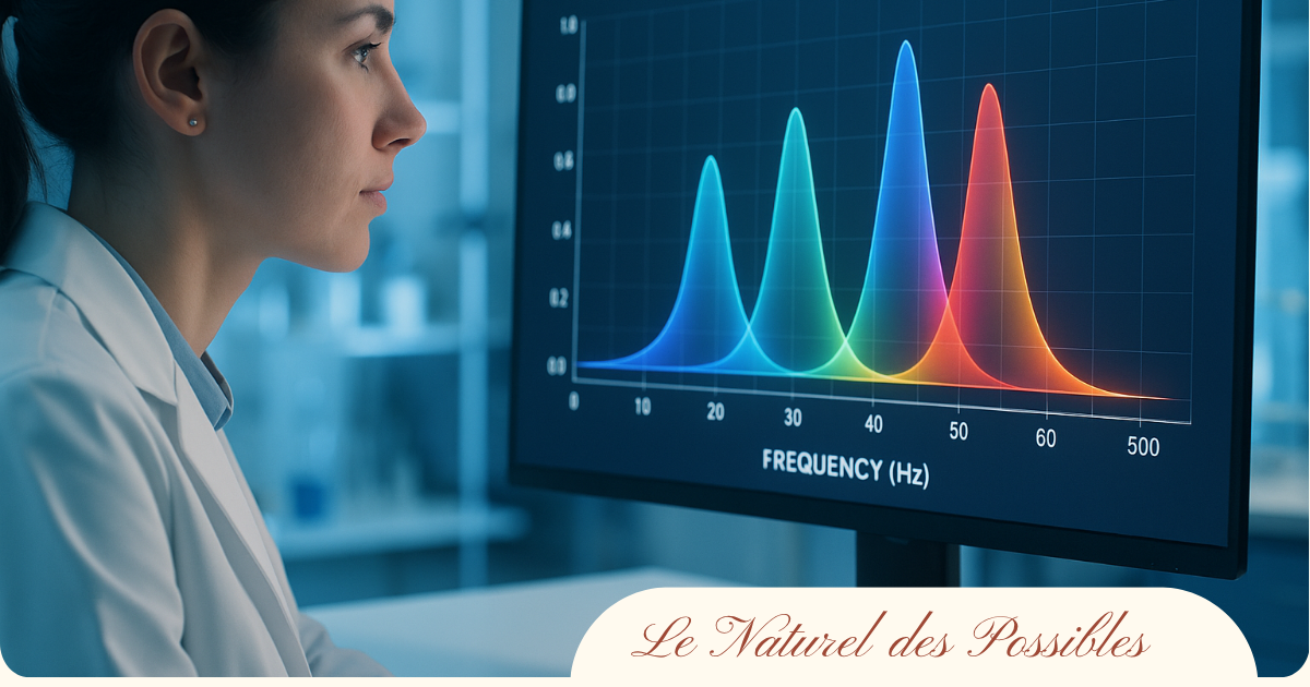 Chercheuse analysant un graphique de fréquences colorées sur un écran dans un laboratoire moderne, illustrant les études scientifiques sur la bio-résonance.