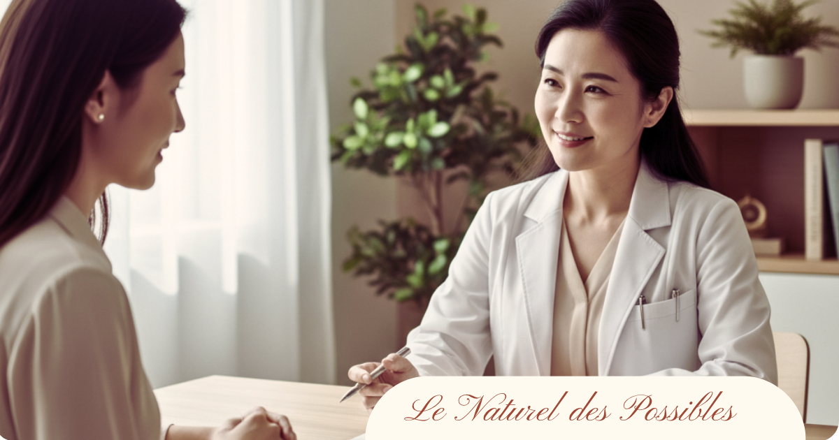 Thérapeute en blouse claire accueillant une patiente dans un cabinet lumineux lors d’une séance de biorésonance, approche bienveillante et naturelle du bien-être.