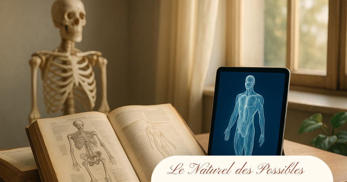 Livres d’anatomie anciens ouverts à côté d’une tablette montrant un modèle 3D du corps humain, symbolisant l’évolution de la fasciathérapie