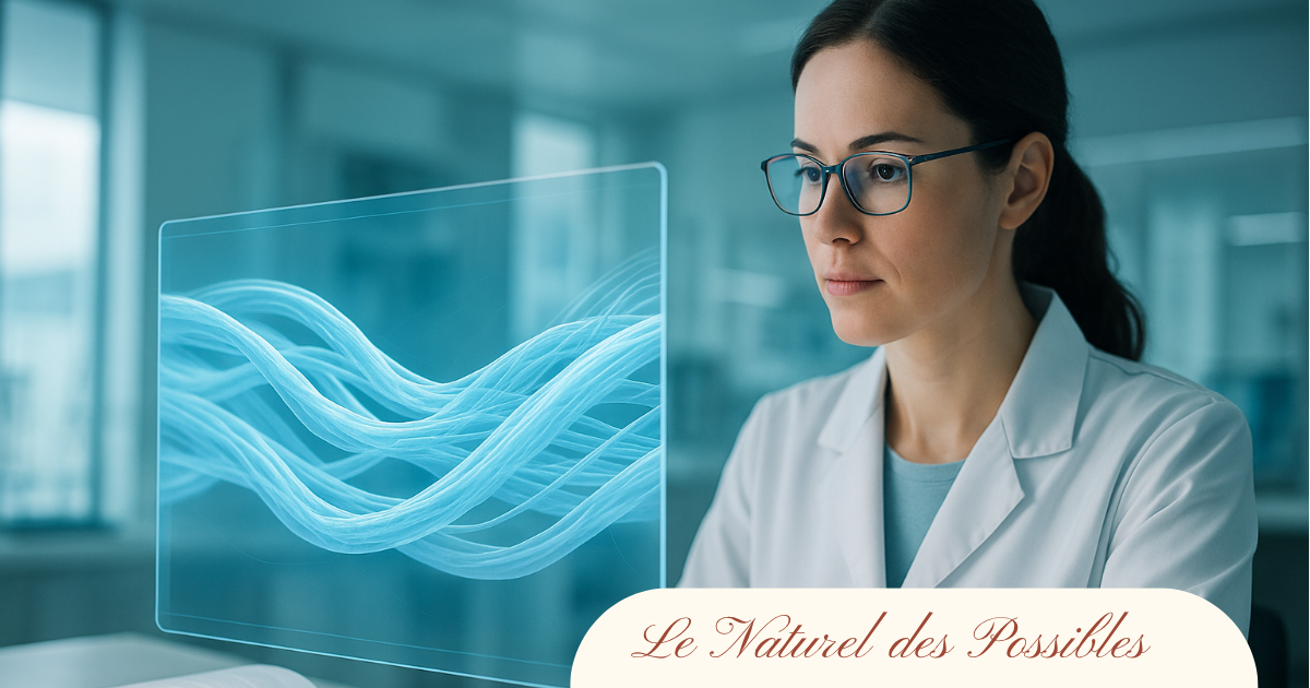 Chercheuse observant une projection holographique bleue représentant le réseau des fascias humains dans un laboratoire moderne