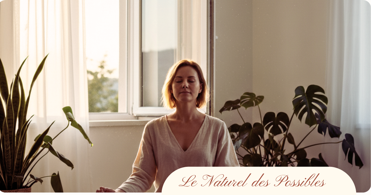 Femme méditant calmement dans une pièce lumineuse avec des plantes vertes, illustrant la reconnexion à soi grâce à la fasciathérapie