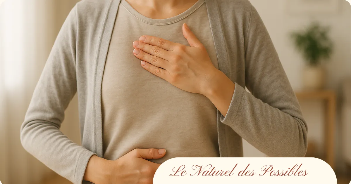 Personne posant une main sur la poitrine et une main sur le ventre pour pratiquer la respiration abdominale dans un intérieur lumineux