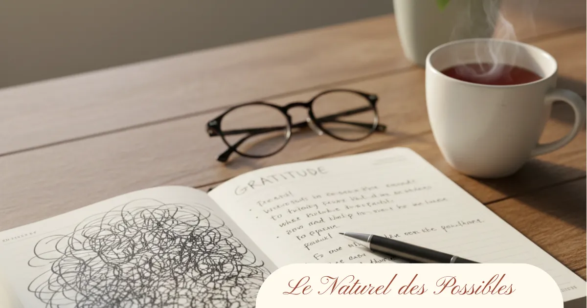 Carnet de gratitude ouvert avec lunettes, stylo et tasse de thé chaude sur une table en bois