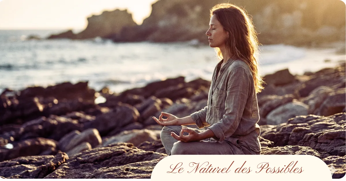 Femme méditant en position assise sur des rochers au bord de la mer au coucher du soleil